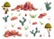 Desert flora collection with mountain rocks, plants, cactuses, trees, bushes and grass.