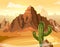 Desert hills, cactus near big mountain. Vector yellow background illustration