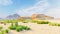 Desert horizon. Clear day. Mountains in the distance, sand dunes and blue sky. Beautiful scenery. Sand dunes and hot sky