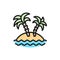 Desert island with palm trees flat color line icon.