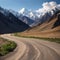 Desert landscape in the area of Ak-Baital Pass with road in the Pamir Mountains in Tajikistan made with Generative AI