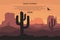 Desert landscape banner. Extreme journey, tourism concept with cactuse and mountains. Desert trip website page. Vector.
