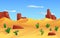 Desert landscape banner with highlands and cactuses, flat vector illustration.