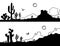 Desert landscape with Cactuses. Arizona desert mountains black silhouette isolated on white. Vector nature horizontal background