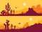 Desert landscape with Cactuses. Arizona desert mountains silhouette Vector nature horizontal background