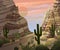 Desert landscape with cactuses and mountains. Sunset or sunrise scenery background.
