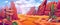 Desert landscape. Canyon panorama, cartoon rocks and stones, eagles in the sky, cacti and succulents, arid climate zone