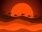 Desert landscape with a caravan of camels in the background of the sun. Vector