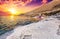 Desert landscape of Dead Sea coastline with white salt, Jordan, Israel.