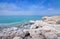 Desert landscape of Dead Sea coastline with white salt, Jordan, Israel.