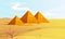 Desert landscape with egyptian pyramids and camels