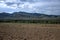 Desert landscape of highland steppe with sparse shrubs on the background of mountain ranges