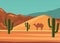 Desert landscape poster with cartoon camel vector illustration. Sandy wilderness with cactuses, mountains, rocks and