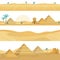 Desert landscape seamless borders. Sand dunes, Egyptian landmarks elements, pyramids, palm trees and Sphinx against hot