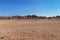 Desert landscape with sparse vegetation, against the backdrop of mountains of red sandstone