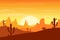 Desert landscape at sunset with cactus and hills silhouettes background