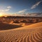 The Desert Landscape of Wadi Rum in Jordan has a sunset, stones, bushes and the ...