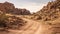 desert landscape with a winding dirt path, surrounded by rocky formations, dry grass, and sparse vegetation under a clear sky