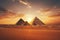 Desert Majesty: The Giza Pyramids in Vast Sands s sunrise