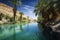 desert mirage of lush oasis, with palm trees and clear blue water