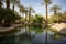 desert mirage of lush oasis, with palm trees and crystal-clear pool