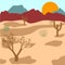 Desert, mountains, cactuses and tumbleweed