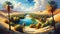 A desert oasis with a crystal-clear lake surrounded by palm trees.Painting, Landscape background, Palm Trees, Generative Ai.