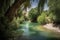 desert oasis with flowing river and swimmer, surrounded by tall trees