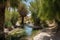 desert oasis with green palm trees and babbling brook, providing a tranquil setting