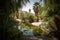 desert oasis with lush foliage and running water, surrounded by the stark beauty of the desert