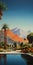 Desert Oasis: A Majestic Painting Of Palm Trees And Mountains