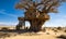 A Desert Oasis: A Solitary Tree House Amidst the Arid Sands. A tree house in the middle of the desert