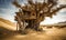 A Desert Oasis: A Solitary Tree House Amidst the Barren Sands. A tree house in the middle of a desert
