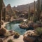 A desert oasis surrounded by cacti that have evolved to resemble intricate, living sculptures1