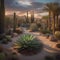 A desert oasis surrounded by cacti that have evolved to resemble intricate, living sculptures2