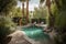 desert oasis with swimming pool, surrounded by lush greenery