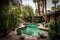 desert oasis with swimming pool, surrounded by lush greenery