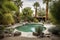 desert oasis with swimming pool, surrounded by lush greenery