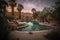 desert oasis view with glittering swimming pool and lounge chairs