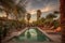 desert oasis view with glittering swimming pool and lounge chairs
