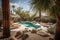 desert oasis view with glittering swimming pool and lounge chairs