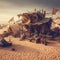 Desert outpost in a harsh, unforgiving environment, with makeshift buildings and scavenged technology