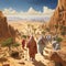 Desert pilgrimage with diverse individuals towards a majestic religious monument