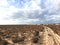 A desert plain view with deep sand and lifeless drained barbed bushes