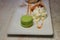 Desert plate with chantilly, macaroon and pie