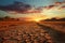 Desert\\\'s desolation and sunset\\\'s drama depict the concept of global warming