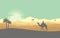 Desert savana oase with someone rides a camel illustration background, silhouette, palm, sunset editable