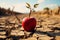 Desert scene apple on cracked earth signifies food insecurity, water shortage, agricultural crisis