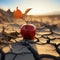 Desert scene apple on cracked earth signifies food insecurity, water shortage, agricultural crisis