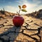 Desert scene apple on cracked earth signifies food insecurity, water shortage, agricultural crisis